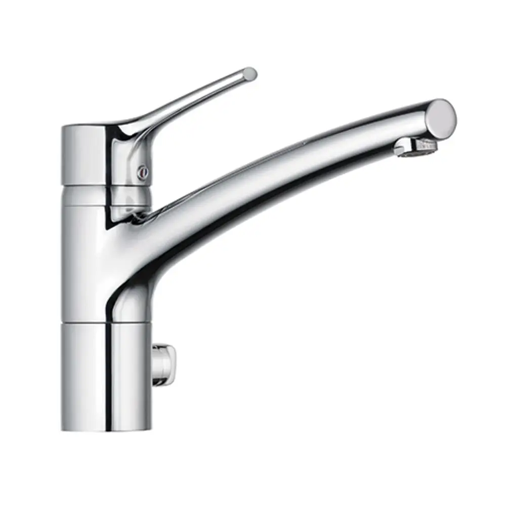 Kludi Küchenarmatur aus Chrom mit einem langen, geschwungenen Auslauf und einem Hebel für die Temperatur- und Wassermengenregulierung.